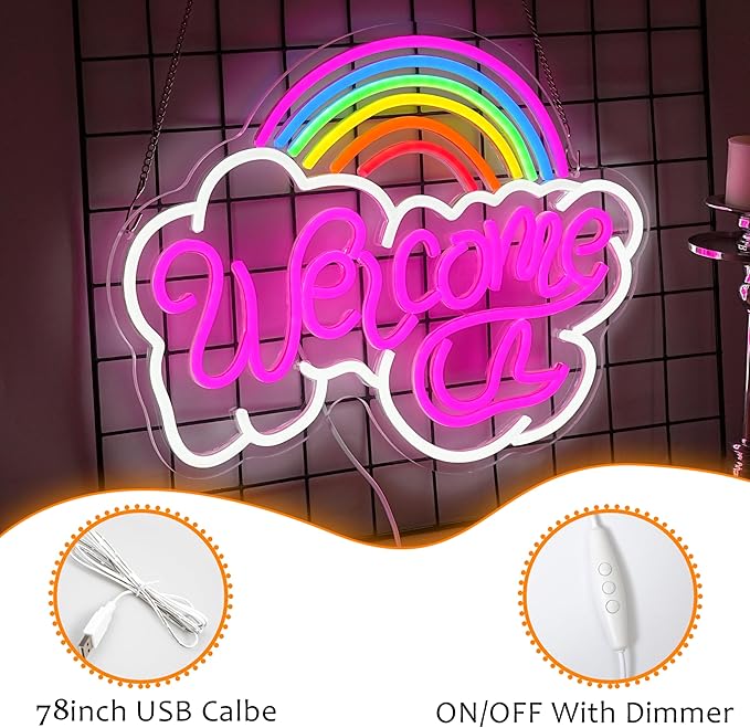 LISIGNVE Rainbow Welcome Neon Sign Cloud Light Up Sign Welcome Led Sign Rainbow Neon Light with USB for Bedroom Wedding Party School Business Wall Decor (16.5”*12.6”)
