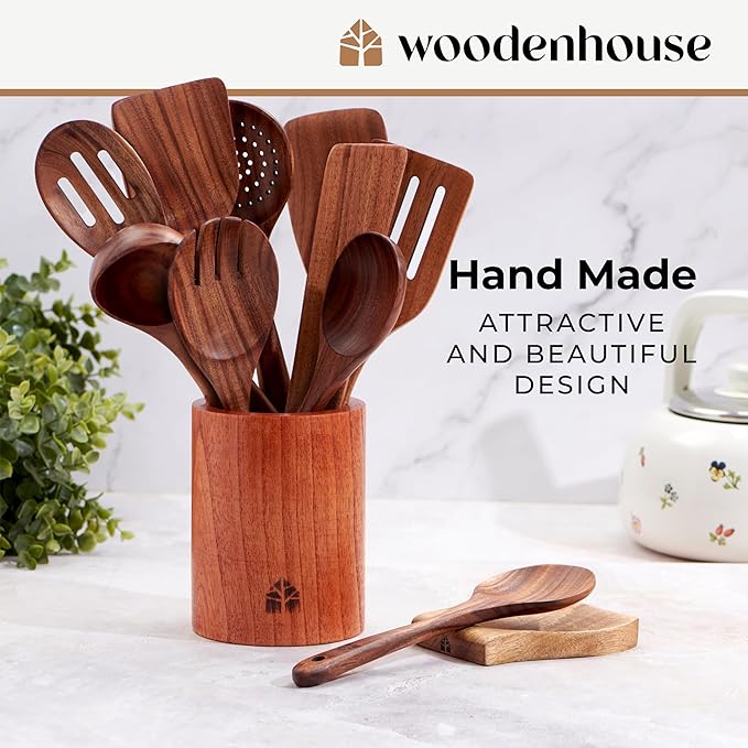 Wooden Spoons for Cooking – Wooden Cooking Utensils Set with Holder, Spoon Rest & Hooks, Teak Wood Nonstick Kitchen Cookware – Durable Set of 12pcs by Woodenhouse-Ruum Studio Home