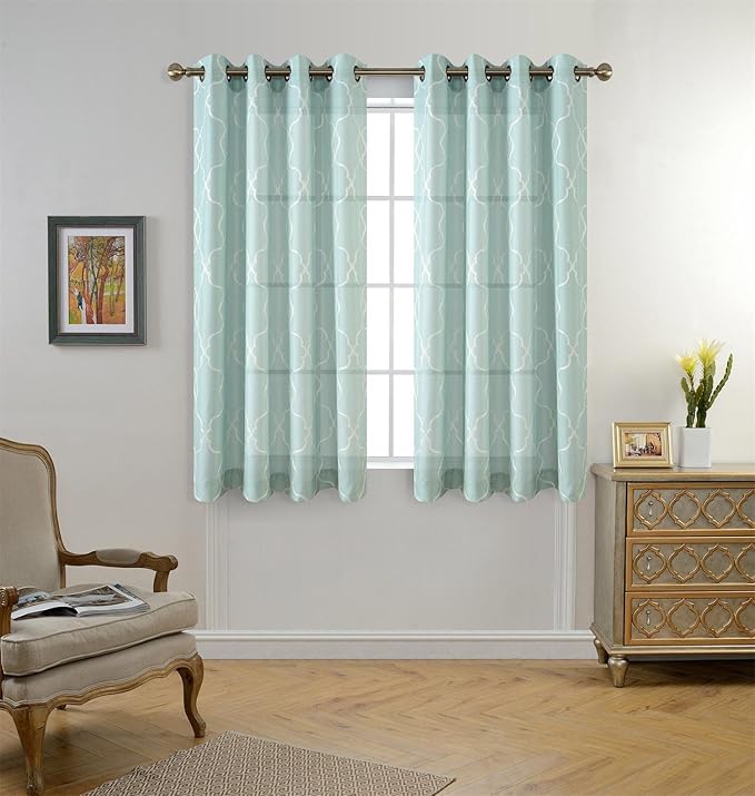 MIUCO Moroccan Embroidered Semi Sheer Curtains Faux Linen Grommet Window Panel Pair for Kitchen 52 x 63 Inch, Subtle Green-Ruum Studio Home