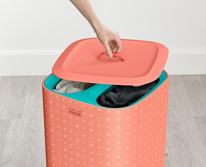 Joseph Joseph Tota Pop 60 liter/15.8 gallon Laundry Hamper Separation Basket with lid, 2 Removable Washing Bags with Handles- Coral/Green-Ruum Studio Home