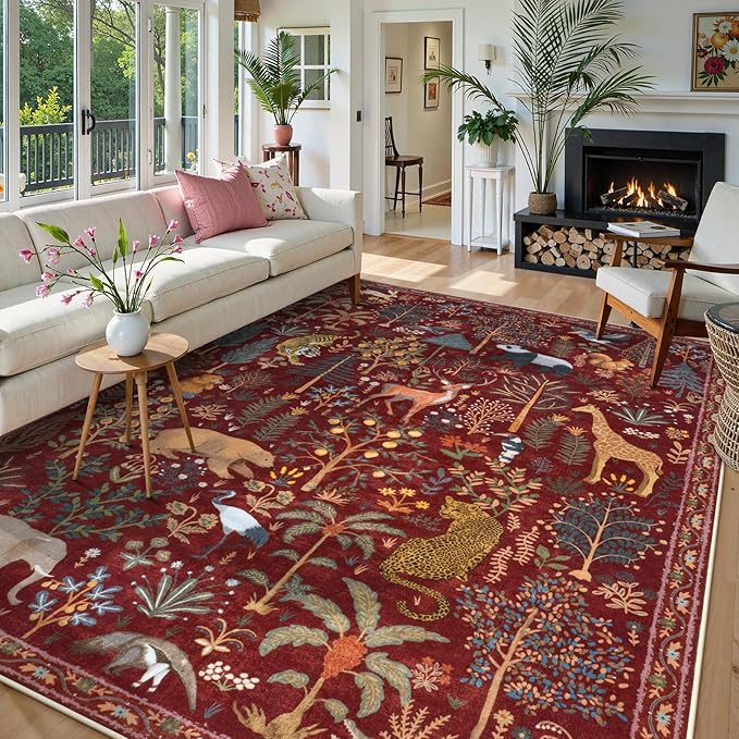 OJIA Animal Washable Rugs 8x10, Soft 8x10 Area Rugs for Living Room, Non Slip Bedroom Rug Under Bed Ultra-Thin Nursery Rug Large Carpet for Dining Room Office Playroom, Red-Ruum Studio Home