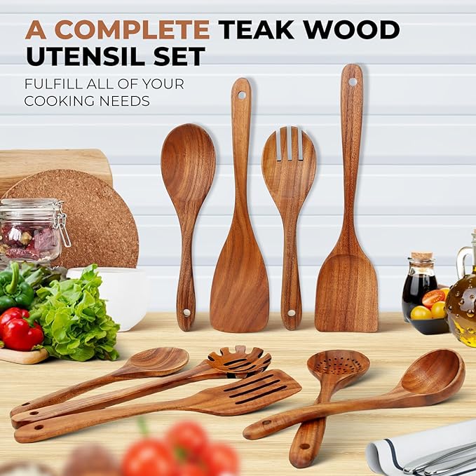 SPATUAMZ Wooden Kitchen Utensils Set, Smooth Finished Wooden Spoons for Cooking, Natural Teak Cooking Utensils Set of 9 for Nonstick Pans and Cookware-Ruum Studio Home