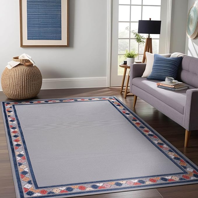 Beverly Rug Outdoor Rug 9x12 Modern Bordered Large Area Rugs for Indoor and Outdoor Patio Easy to Clean Non Shedding Living Room Porch Garden Washable Outside Carpet (9 x 12 Gray)-Ruum Studio Home