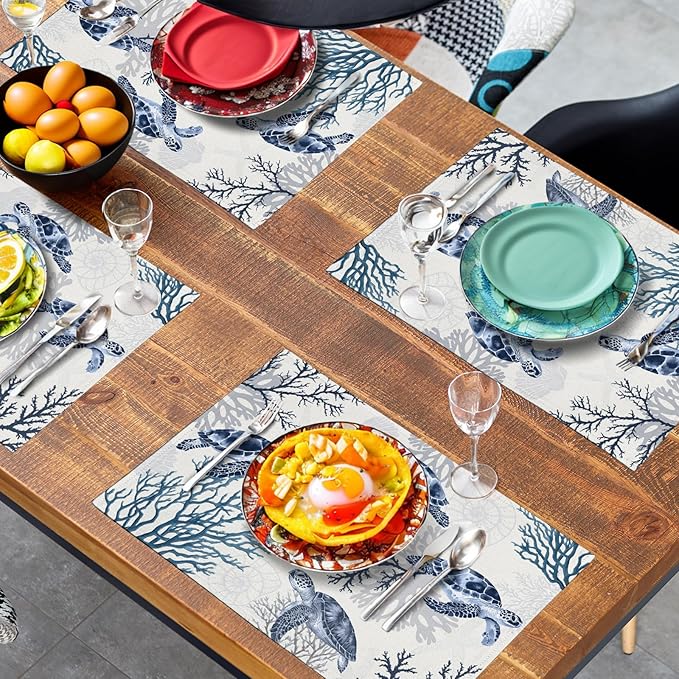 Coastal Beach Placemats Set of 4 Nautical Theme Coral Sea Turtle Navy Blue Place Mat 12x18 Inch Seasonal Summer Ocean Washable Linen Fabric Table Mats for Party Kitchen Dining Decoration-Ruum Studio Home