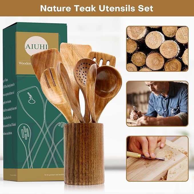 AIUHI Wood Spoons for Cooking, Nonstick Kitchen Utensil Set, Wooden Spoons Cooking Utensil Set Non Scratch Natural Teak Wooden Utensils for Cooking (Teak 8 Pack)-Ruum Studio Home