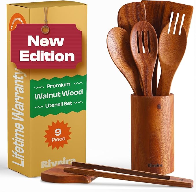 Riveira Walnut Wooden Spoons for Cooking Set of 9 – Natural Walnut Wooden Cooking Utensils, Spatula, Spoon - Premium Quality Utensil Set for Non-Toxic Cooking-Ruum Studio Home