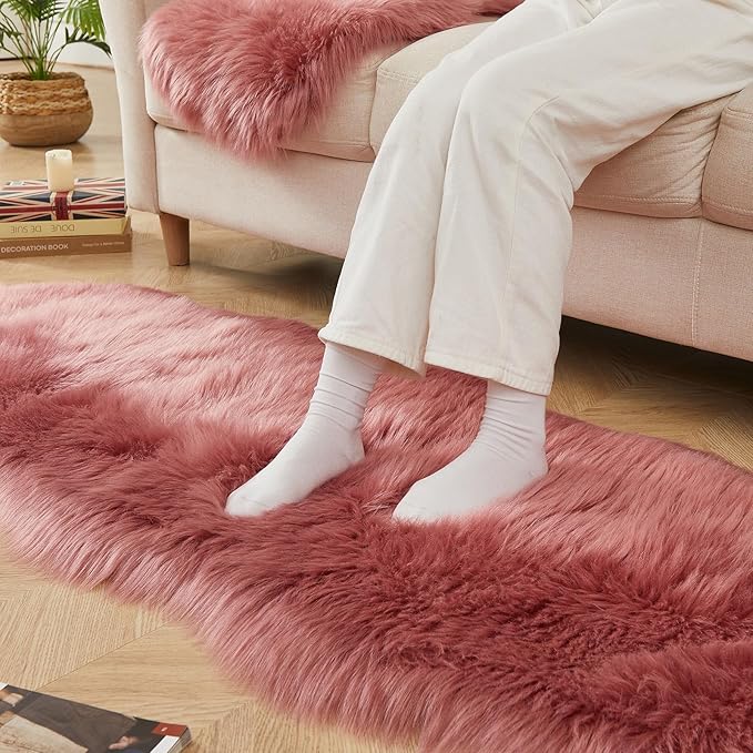 AMTOVO Faux Sheepskin Rug, Blush Pink Ultra Soft Fluffy Shag Area Rug, 2 x 6 ft Faux Fur Rug for Bedroom Sofa Throw Cushion Room Decor, Sheepskin-Ruum Studio Home