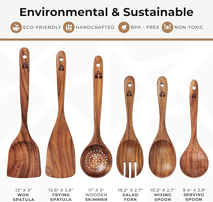 Wooden Spoons for Cooking – Wooden Kitchen Utensils Set, 6 Pcs Teak Wood Utensil Set – Comfortable Grip Non–Stick Wooden Cooking Utensils-Ruum Studio Home