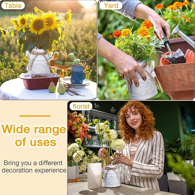 6 Inch Farmhouse Vase Decor Milk Can Vintage Flower Jug Galvanized Metal Vase with Handle Rustic Flower Buckets for Thanksgiving Christmas Table Centerpiece Weddings Gifts(Retro White,8 Pcs)-Ruum Studio Home