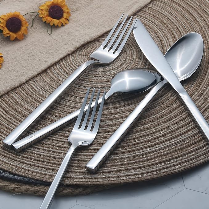Alata Cube 40-Piece Forged Stainless Steel Flatware Set Cutlery Set, Silverware Set Service for 8, Mirror Finish, Dishwasher Safe-Ruum Studio Home