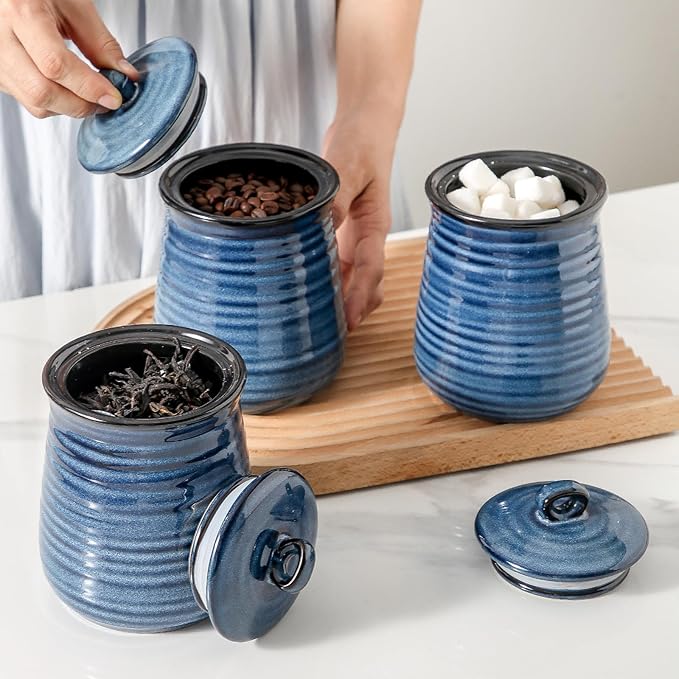 Hasense Kitchen Canisters Set with Airtight Lid for Countertop, 25 Ounce Ceramic Vintage Food Storage Jars Containers Set of 3 with Cover for Coffee, Sugar, Tea, Spice, Candy and Nut, Navy-Ruum Studio Home