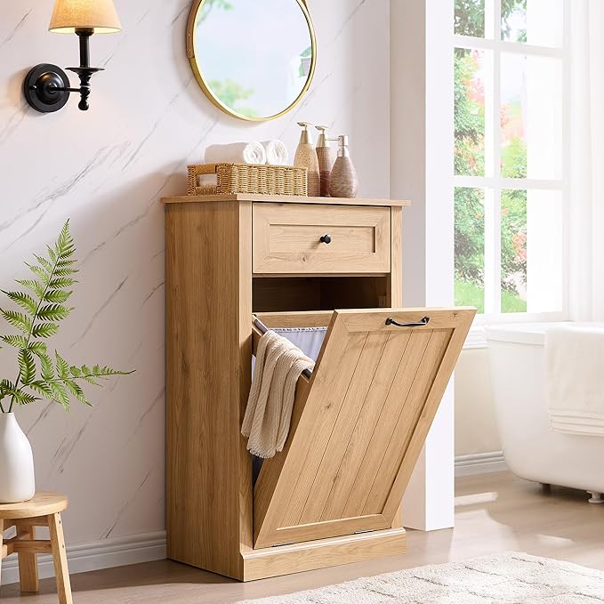 Tilt Out Laundry Hamper Cabinet, 10 Gallon Farmhouse Trash Can Cabinet with Drawer, Hidden Wood Garbage Can Bin Cabinets with Laundry Storage Basket for Bathroom, Kitchen, Natural-Ruum Studio Home