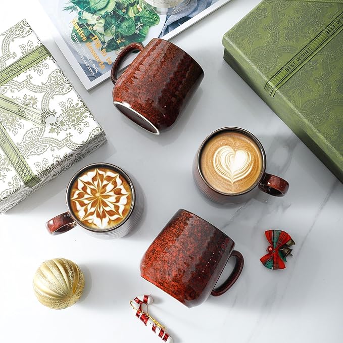 Hasense Ceramic Coffee Mugs Set of 4, 8 oz Small Coffee Cups, Porcelain Mug with Handle for Espresso, Tea, Milk and Cocoa, Ideal for Mother's Day Christmas Gift, Dishwasher & Microwave Safe, Red-Ruum Studio Home