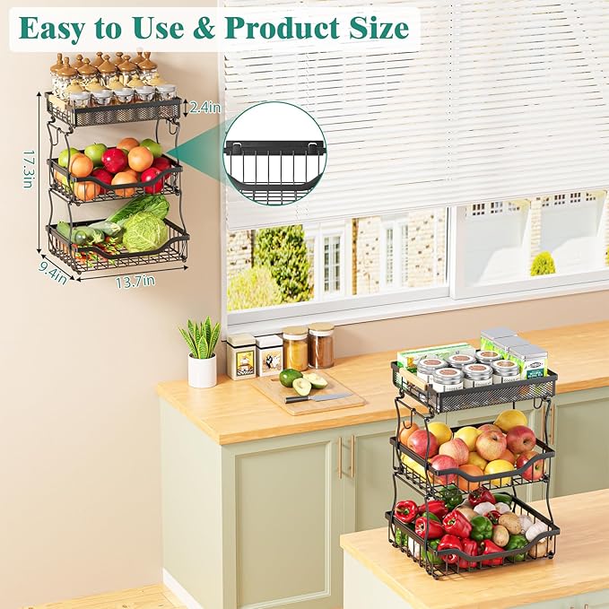 Giwil 3 Tier Countertop Fruit Mesh Basket for Kitchen, Vegetable Storage Bread Fruit Bowl Stand with 2 Banana Hooks, Wall Mounted Metal Wire Basket Organizer for Potato Onion, Black-Ruum Studio Home