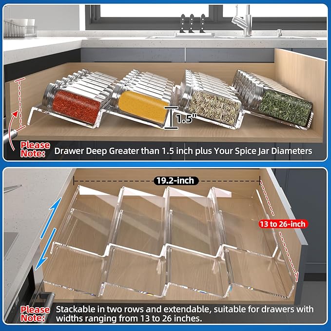 MIUKAA Clear Acrylic Spice Drawer Organizer, 4 Tier- 2 Set Expandable From 13" to 26" Drawer Seasoning Organizer, Kitchen Spice Rack Tray for Drawer/Countertop (Jars not included)-Ruum Studio Home