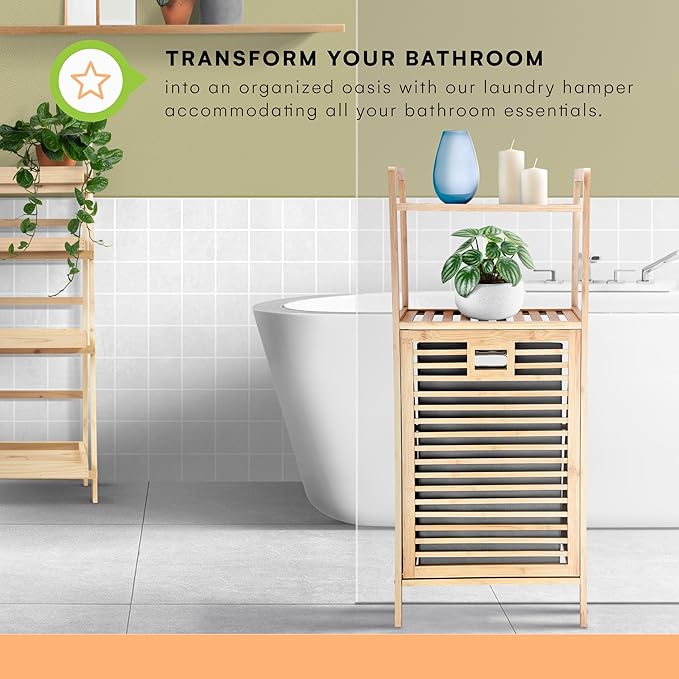 Prosumer’s Choice Bamboo Tilt-Out Laundry Hamper with 2-Tier Storage Shelves – Freestanding Clothes Hamper with Removable Liner, Space-Saving Design for Bathroom or Bedroom – 15.5”L x 11.8”W x 37.4”H-Ruum Studio Home