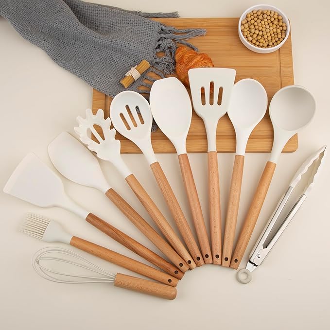 Silicone Cooking Utensils Set, Premium Beech Wood Handle Kitchen Gadgets Utensil Set, Non-Stick Kitchen Utensils Spatula, Tongs, Turner, Whisk, Brush, Spoon, BPA FREE, 446°F Resistant (White)-Ruum Studio Home