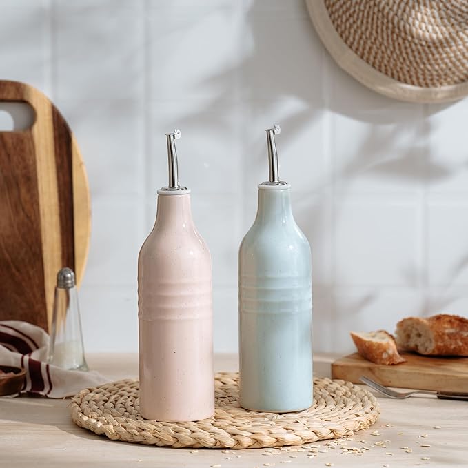 famiware Jupiter 16oz Ceramic Olive Oil Dispenser Bottle, Olive Oil and Vinegar Dispenser Bottle Set of 2 with Stainless Steel Pourers, Suitable for Storage Vinegar, Liquids, Light Blue & Light Pink-Ruum Studio Home