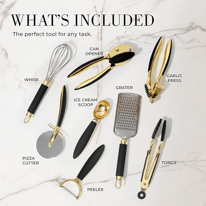 Black and Gold Kitchen Utensils - Luxe 8-Piece Gold Kitchen Tools Set with Can Opener, Pizza Cutter, Peeler, Mini Whisk, and Tongs - Stylish Accessories for Modern Cooking and Ideal for Gifting-Ruum Studio Home