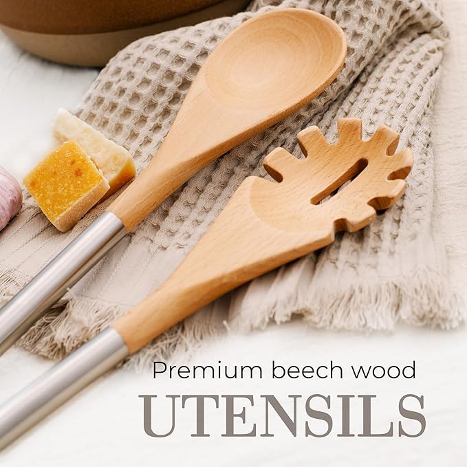 STYLED SETTINGS Wood Cooking Utensils Set with Stainless Steel Handles – 6-PC Durable Wooden Spoons for Cooking, Serving, & Mixing – Kitchen Utensils Set for Nonstick Cookware, Great for Gifting-Ruum Studio Home