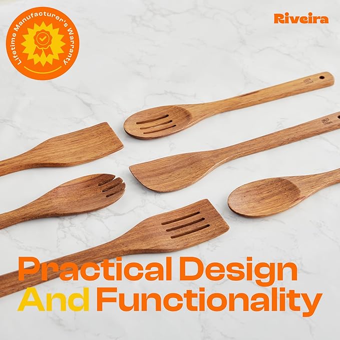Riveira Teak Wooden Spoons for Cooking Set of 6 – Natural Teak Wooden Cooking Utensils, Wooden Spatula, Wooden Spoon - Premium Quality Wooden Utensil Set for Non-Toxic Cooking-Ruum Studio Home