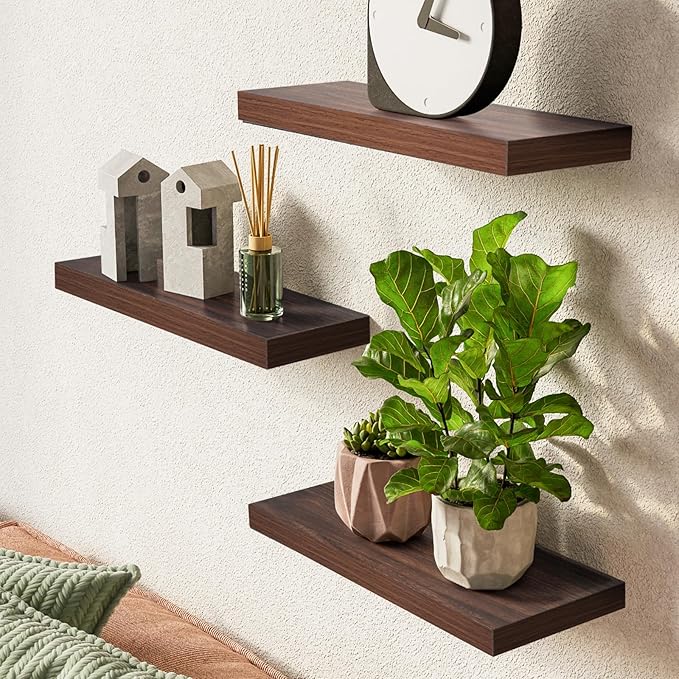 BAYKA Floating Shelves for Wall, Wall Mounted Rustic Wood Shelves for Bathroom, Bedroom, Living Room, Kitchen,Small Hanging Shelf for Books/Storage/Room Decor (Walnut-Like, Set of 3, 15.7in)-Ruum Studio Home