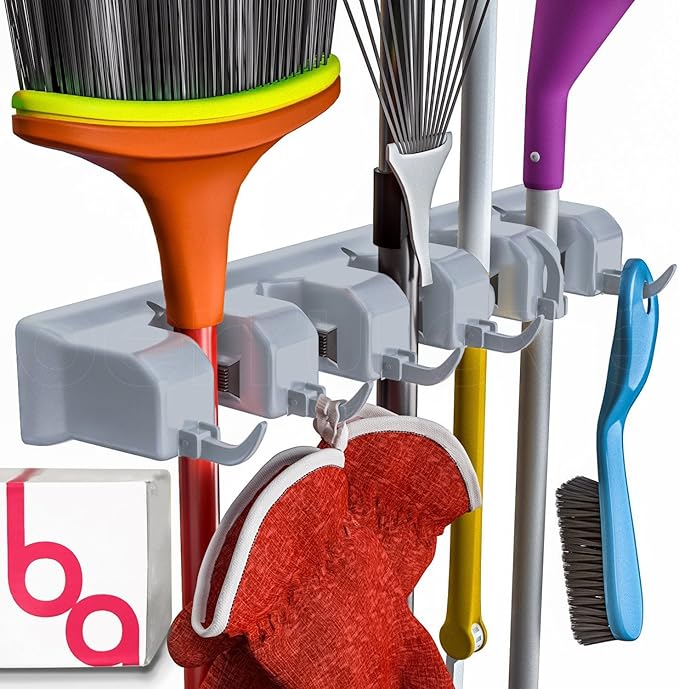 Berry Ave Broom Holder Wall Mount and Garden Tool Organizer, Closet Storage, Kitchen Rack, Home Organization and Garage Organizer for Rake or Mop Handles Up to 1.25-Inches, Hanger Plus 6 Hooks (Grey)-Ruum Studio Home