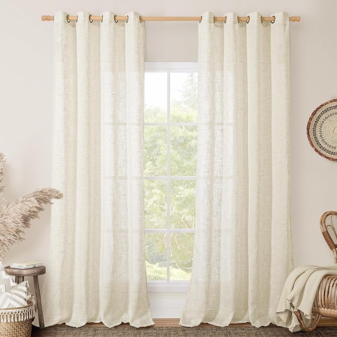 LAMIT Natural Cream Ivory Long Linen Curtains for Living Room, 108 inches Long Bronze Grommet Light Filtering Window Textured Neutral Sheer Drapes for Bedroom Farmhouse, 2 Panels, 52 x 108 Inch-Ruum Studio Home
