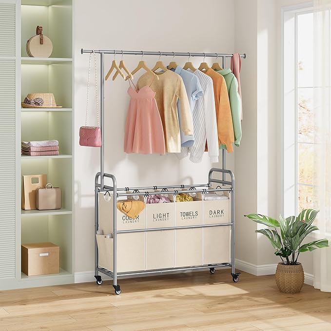 Tajsoon Laundry Hamper with Hanging Rack, Laundry Sorter 4 Sections, 4 Basket Butler with Lockable Wheels and Removable Bag, Rolling Laundry Cart for Bedroom, Beige-Ruum Studio Home