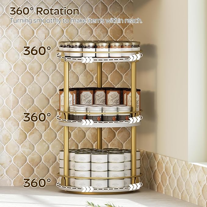 3-Tier Lazy Susan, Rotating Spice Rack, Spinning Organizer, Industrial Turntable Spice Rack for Cabinet, Kitchen Countertop, Pantry, White and Gold SR23DW-Ruum Studio Home
