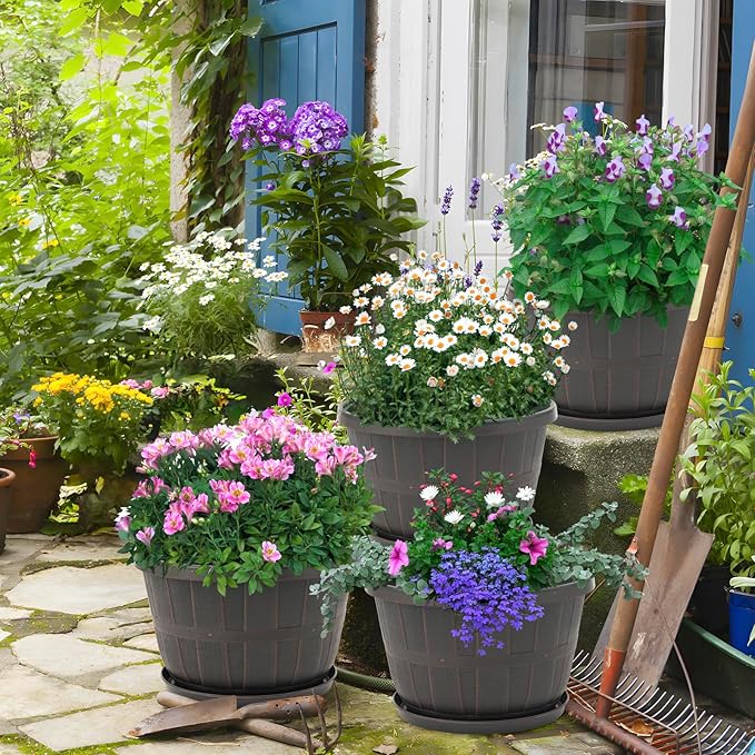 Quarut 14 Inch Plastic-Flower-Pot-for-Indoor-Plants, 4 Pack Large Outdoor Planter Pot with Drainage Holes & Saucers, Resin Decorative Garden Pots Planters(Brown)-Ruum Studio Home