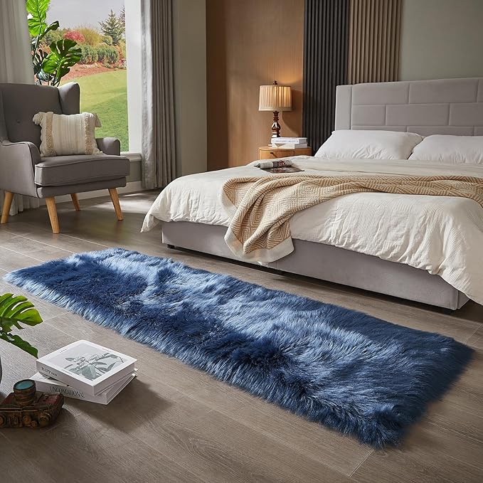 AMTOVO Faux Fur Rug, Dark Blue Ultra Soft Fluffy Shag Sheepskin Rug, 2 x 6 ft Runner Area Rugs for Bedroom Sofa Throw Cushion Room Decor, Rectangle-Ruum Studio Home
