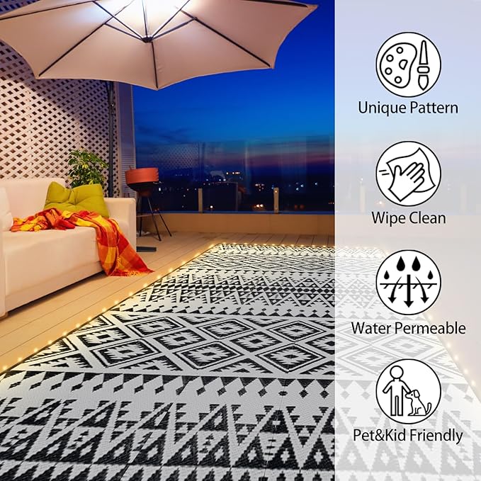 Outdoor Rug Mat with Led Strip Lights for Patio, 8x10ft Waterproof Reversible Plastic Straw Rugs, Camping Carpet Area Mats for RV, Porch, Deck, Backyard, Balcony, Camper, Black & White-Ruum Studio Home