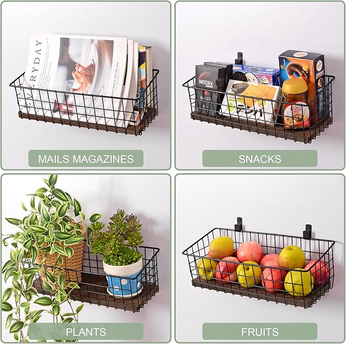 Wall Hanging Baskets 3 Pack, Extra Large Diversified Wire Basket Shelves of Wooden Style, with Wall Mounted Hooks & Traceless Stickers, for Kitchen Coffee Bar Office Room Garage Storage Organization-Ruum Studio Home