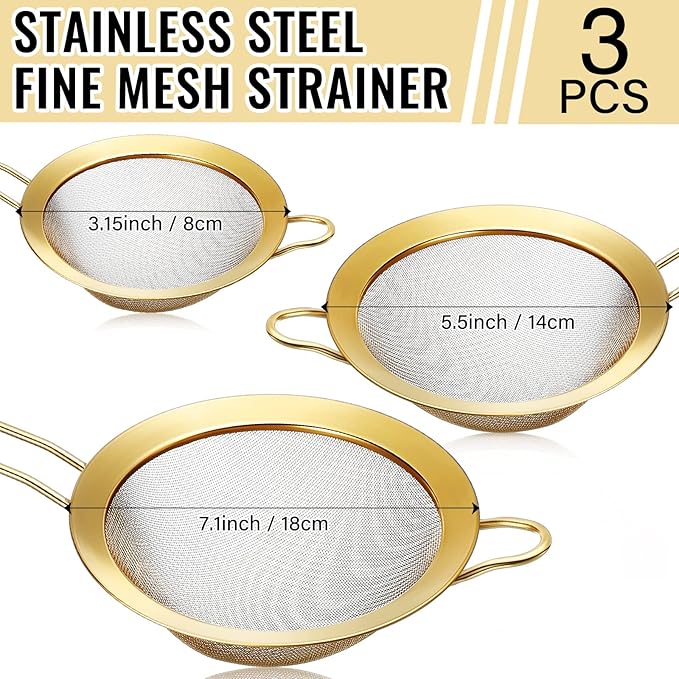 Norme 5 Quart Stainless Steel Gold Colander and 3 Pcs Gold Fine Mesh Strainer, Stainless Steel Pasta Rice Food Metal Strainer with Handles, Easy Clean and Dishwasher Safe-Ruum Studio Home