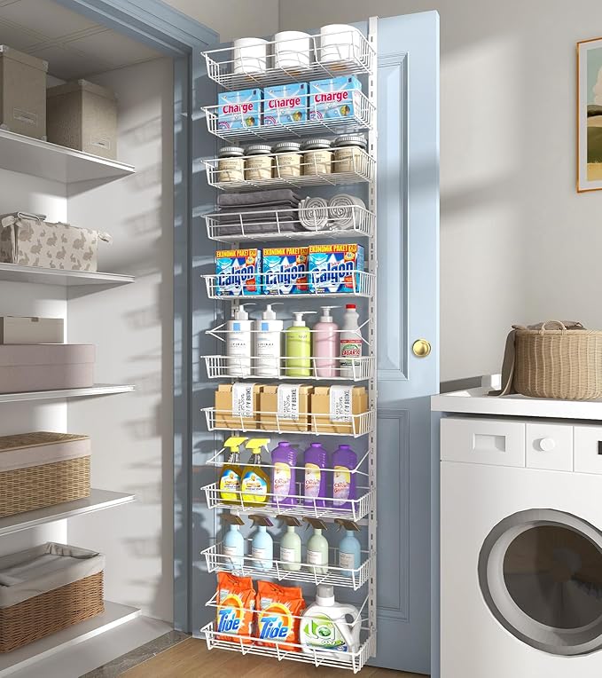 White 10-Tier Over The Door Pantry Organizer, Pantry Organization and Storage, Metal Hanging Adjustable Basket, Wall Spice Rack Seasoning Shelves, Home & Kitchen Essentials-Ruum Studio Home