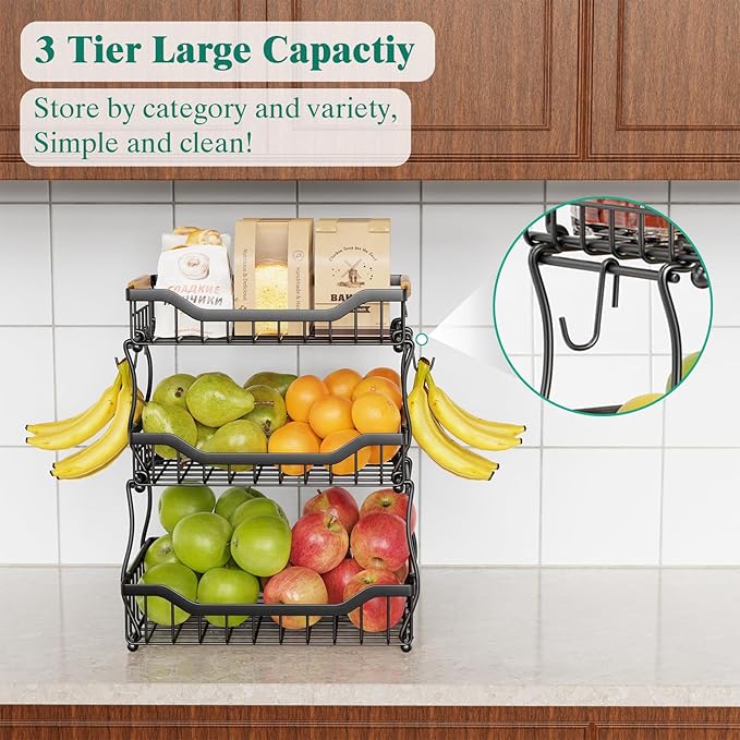 Giwil 3 Tier Countertop Fruit Basket for Kitchen, Vegetable Storage Bread Fruit Bowl Stand with 2 Banana Hooks, Wall Mounted Metal Wire Basket Organizer for Potato Onion, Black-Ruum Studio Home