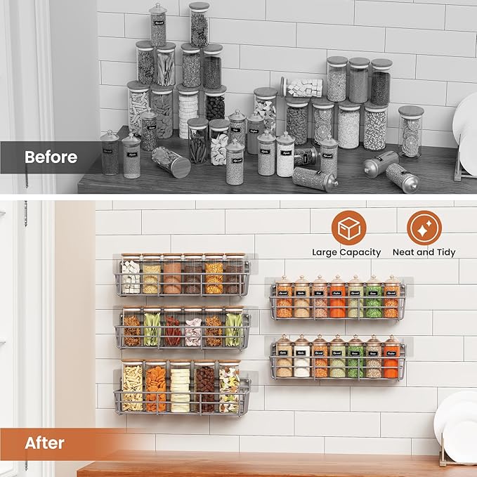 5 Pack Spice Rack Seasoning Organizer Wall Mount, Screw or Adhesive Hanging Shelf Basket Spice Organizer Shelf for Kitchen, Gray-Ruum Studio Home