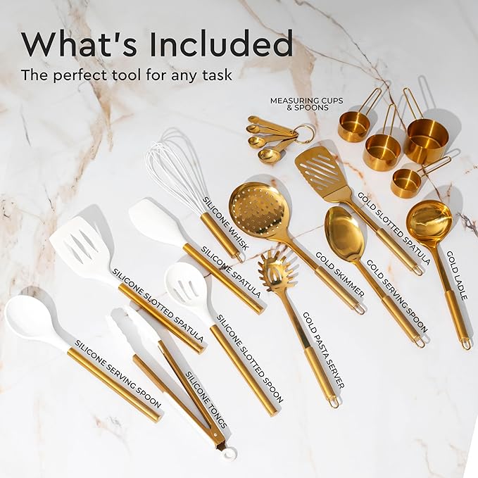 Gold Kitchen Utensils Set - 19-Piece Set Includes Stainless Steel Gold Utensils, White Silicone Tools, and Measuring Cups and Spoons - Luxury Kitchen Accessories for Modern Cooking, Serving, & Gifting-Ruum Studio Home