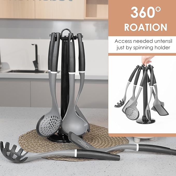 Kitchen Cooking Utensils Set, Non-Stick Spatula Set with Rotating Stand, 6 PCS Silicone Utensils Set for Cooking, 400°F Heat Resistant, Kitchen Gadgets with Nylon Handle & Stable Holder, Dark Grey-Ruum Studio Home