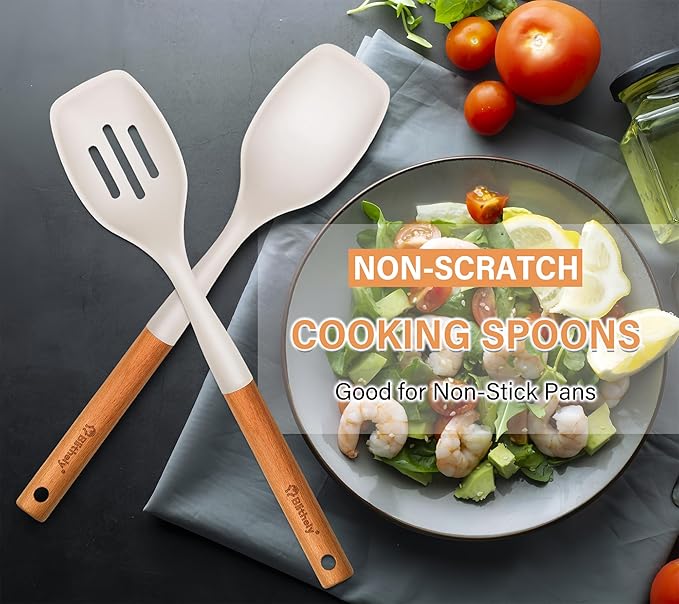 Large Silicone Cooking Spoon Set, 2 Pack Solid Slotted Spoon with Wooden Handle, Nonstick Silicone Kitchen Spoons for Cooking, Heat Resistan Spatula Set for Serving, Basting, Mixing (White)-Ruum Studio Home