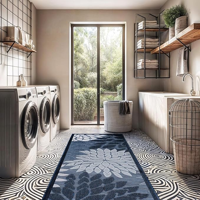 Beverly Rug Outdoor Runner Rug 2x7 Modern Floral Tropical Area Rugs for Indoor and Outdoor Patio Easy to Clean Non Shedding Living Room Porch Garden Washable Outside Carpet (2 x 7 Navy Blue)-Ruum Studio Home