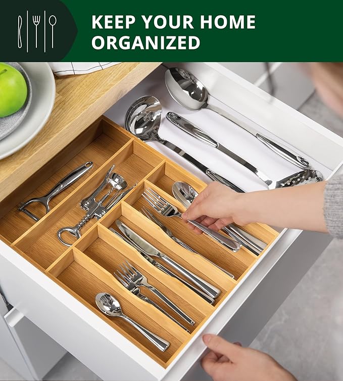 ROYAL CRAFT WOOD Luxury Bamboo Utensil Rack and Silverware Organizer, Kitchen Drawer Organizer - Utensil Holder and Cutlery Tray with Grooved Drawer Dividers for Flatware 7 Slot, Natural-Ruum Studio Home