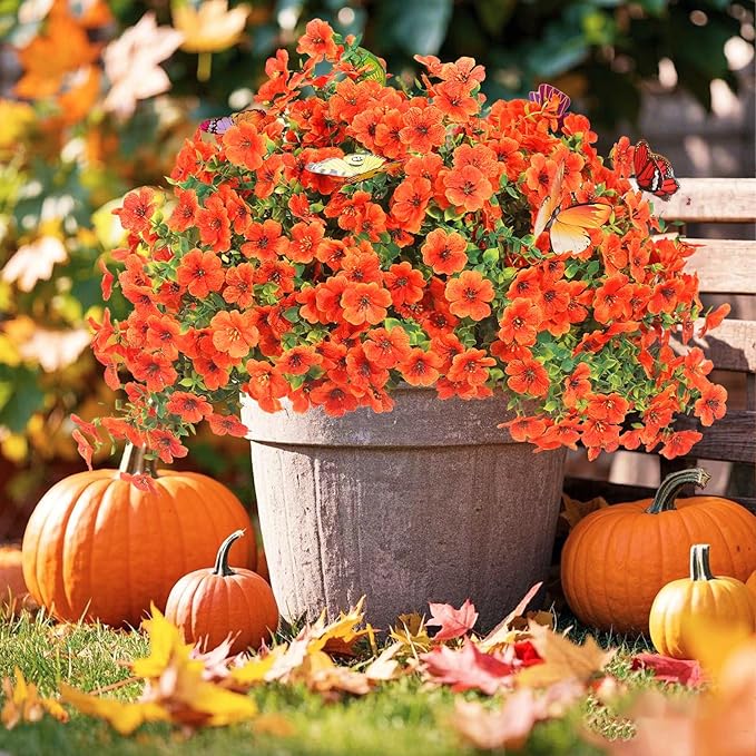 20 Bundles Artificial Flowers for Outdoors with 6 Faux Butterflies, UV Resistant Fake Flowers with Eucalyptus Leaves, Artificial Plants Outdoor for Patio Garden Porch Home Decor (Orange)-Ruum Studio Home