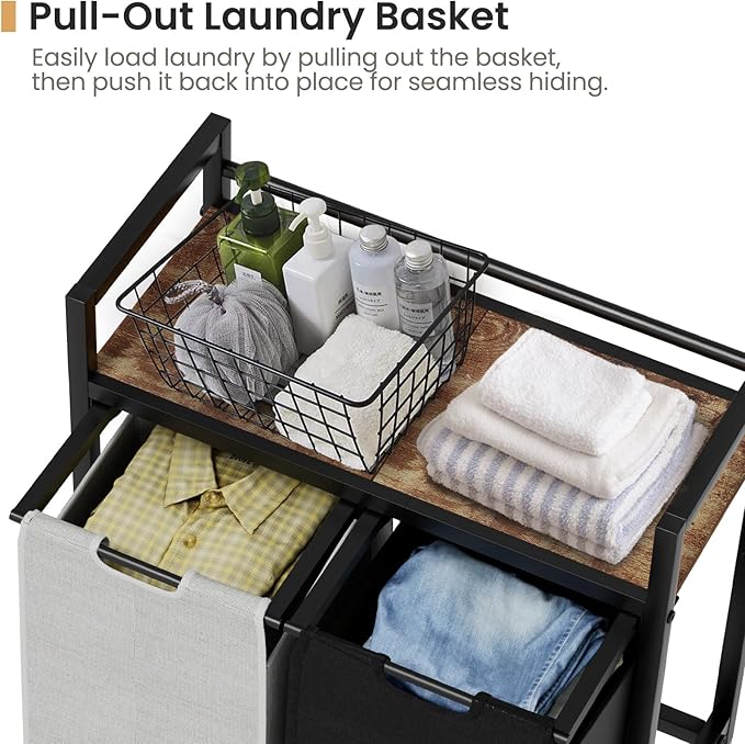 Laundry Hamper, Laundry Basket, Laundry Sorter with 2 Removable Bags, Clothes Basket with 2 Compartments, Wheels, Shelf for Laundry Room Bathroom Bedroom (2 Bags-Black Grey)-Ruum Studio Home