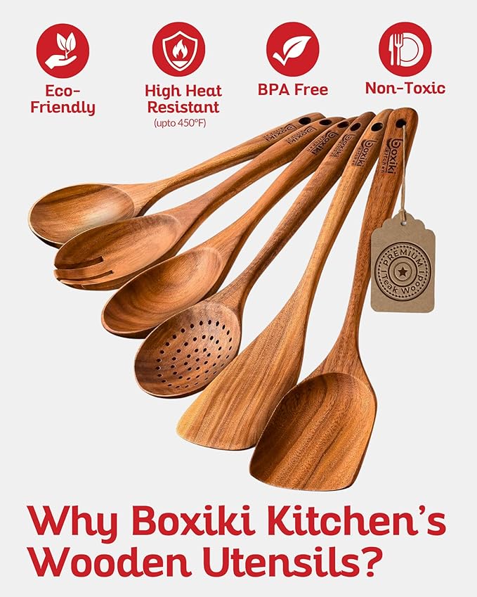 Boxiki Kitchen Luxury Teak Wood Utensil Set - Elegant 6-Piece Cooking Ensemble Including Spoons, Server, Scraper & Spatula - Expertly Crafted for Culinary Excellence-Ruum Studio Home