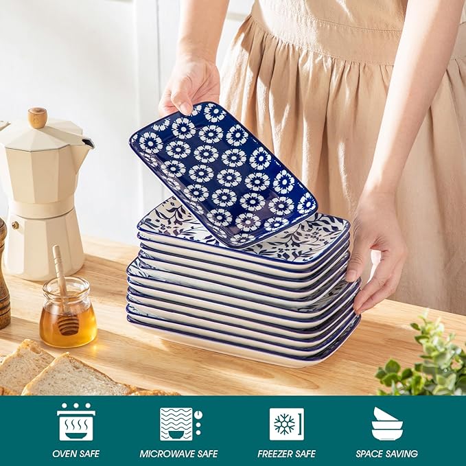 vancasso Selene 8.5 Inch Rectangular Salad Plates Set of 6, Ceramic Salad Plates for Sushi, Dessert, Appetizer, Porcelain Platters for Kitchen Decor, Microwave & Oven Safe, Vintage Blue & White Color-Ruum Studio Home