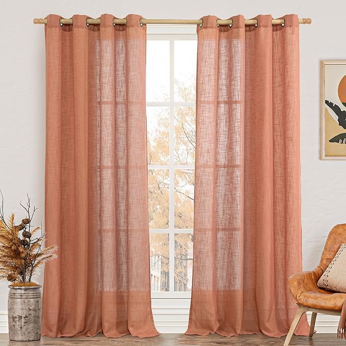 LAMIT Linen Sheer Curtains 95 inch for Living Room, Soft Thick Light Filtering Boho Window Textured Neutral Drapes with Bronze Grommet for Bedroom/Farmhouse, 2 Panels, 52 x 95 Inch, Terracotta-Ruum Studio Home