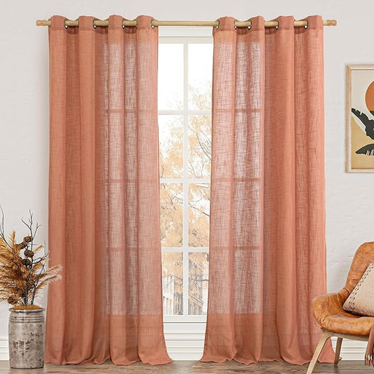 LAMIT Linen Sheer Curtains 95 inch for Living Room, Soft Thick Light Filtering Boho Window Textured Neutral Drapes with Bronze Grommet for Bedroom/Farmhouse, 2 Panels, 52 x 95 Inch, Terracotta-Ruum Studio Home
