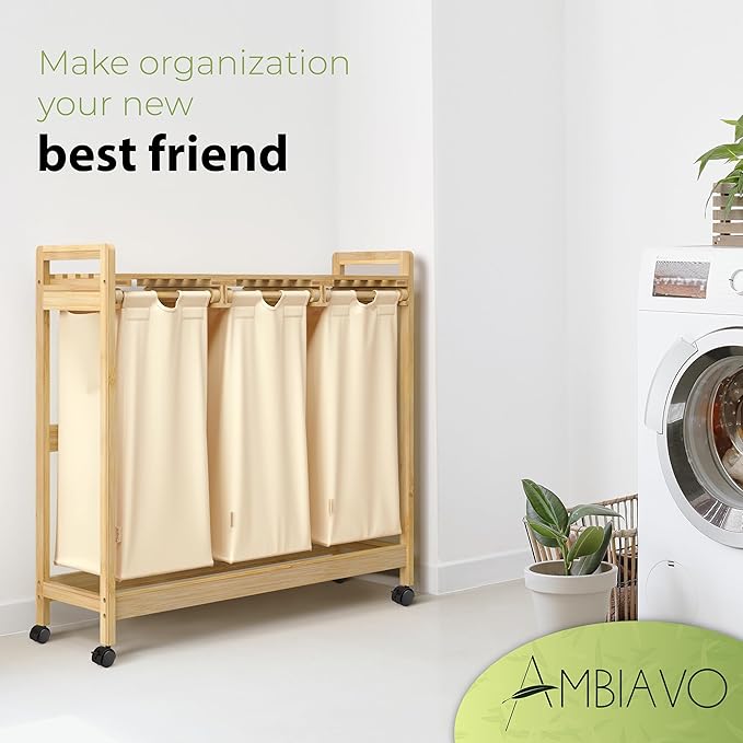 Laundry basket with wheels beige - Large Bamboo Laundry Sorter with Removable Cotton Bags - 3 Section laundry room organization - Durable, Eco-Friendly, and Stylish Storage Solution for Home-Ruum Studio Home